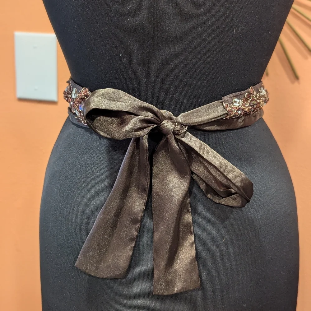 Whimsigoth Vintage Y2K Brown Belt Satin Embroidered Tie Waist Or Headband